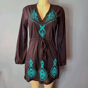 Athleta Brown Embroidered Tunic Dress Swim Cover Up Sz Small Resort Beach Boho